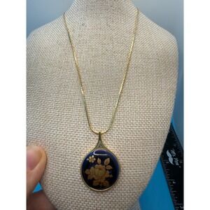 Vintage Limoges Cadeaux France Cobalt Blue Gold Floral Porcelain Necklace